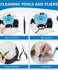 Sovol 3D printer tools kit infographic showing bent-tip tweezers, nylon brushes, pointed-nose pliers, and pincer pliers