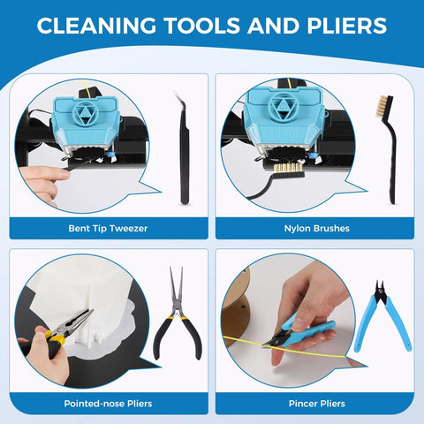 Sovol 3D printer tools kit infographic showing bent-tip tweezers, nylon brushes, pointed-nose pliers, and pincer pliers