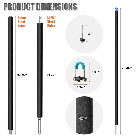 Universal Trampoline Pole Replacement, Heavy Duty Enclosure Straight Pole with dimensions 39.76 inches and 78.34 inches.