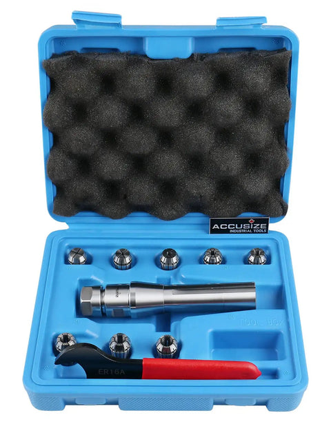 R8 Shank ER16 Collet System 8 Piece Set With 3 Thirty Second Inch To 3 Eighths Inch Collets Includes 1 Wrench In A Fitted Box Self Releasing Design For Pro Grade High Concentricity And Heavy Duty Clamping For End Mills Drills Reamers.