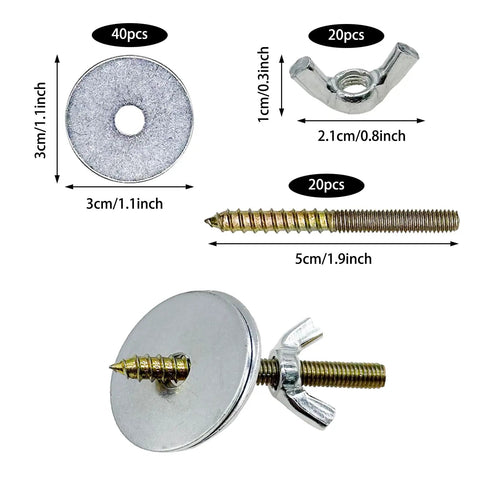 20 Piece Pro Grade Bird Cage Screw Set With Wing Nuts For Rapid Perch Mounting showing screws, washers, and wing nuts for installations.