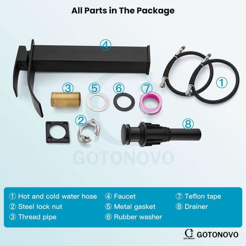 Package contents of Waterfall Tall Bathroom Faucet With 1 Hole Single Handle 304 Stainless Steel Vessel Sink Faucet Matte Black No Splash Pop Up Drain Modern Lavatory Mixer Tap For Minimalist Homes, including faucet, hoses, and fittings.