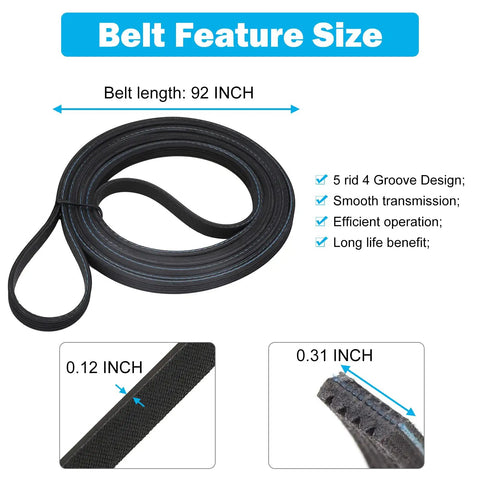 Upgraded Heavy Duty Dryer Belt Kit With Dual Ball Bearing Idler Pulley And Tension Spring For 6602 001655 DC93 00634A DC61 01215B Replacement Fits DV45H7000EW DV48H7400EW DV42H5000EW DV48J7700EW showing 92 inch belt with 5 rib 4 groove design