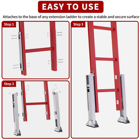 Step-by-step installation guide for ladder leveler pair on extension ladders, showing adjustable ground levelers with anti-slip steel feet.