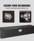 Road Ready Heavy Duty Aluminum Truck Bed Toolbox Featuring Diamond Plate Shield And Tamper Proof Latching For Rough Daily Runs And Tailgate Chasing 48 Inch Black Storage Case with stainless steel lock.