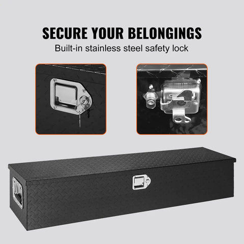 Road Ready Heavy Duty Aluminum Truck Bed Toolbox Featuring Diamond Plate Shield And Tamper Proof Latching For Rough Daily Runs And Tailgate Chasing 48 Inch Black Storage Case with stainless steel lock.