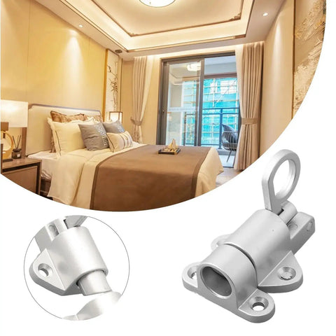 Self Closing Aluminum Alloy Door Latch Spring Bounce Gate Safety Lock in silver, close-up detail showcasing mount design.