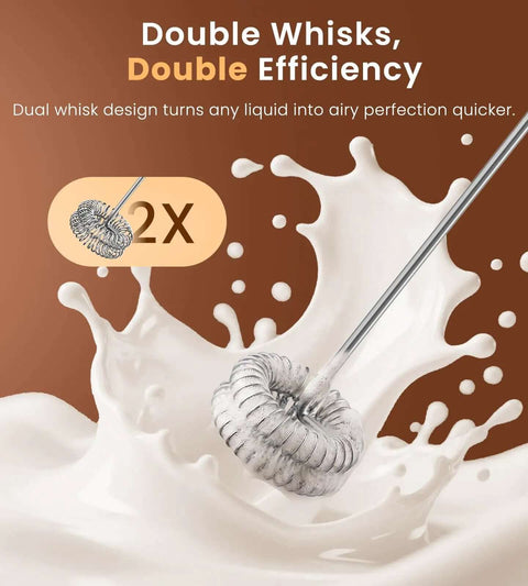 Rechargeable Handheld Milk Frother Electric Stainless Steel Whisk With Three Adjustable Speeds for silky coffee foam, dual whisk design.