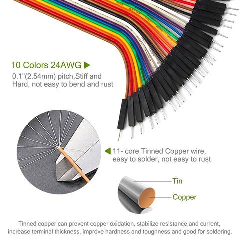 Close-up of 120 Piece 30cm Jumper Wire Kit with 2.54mm Dupont Cables showing multicolor wires and tinned copper composition.