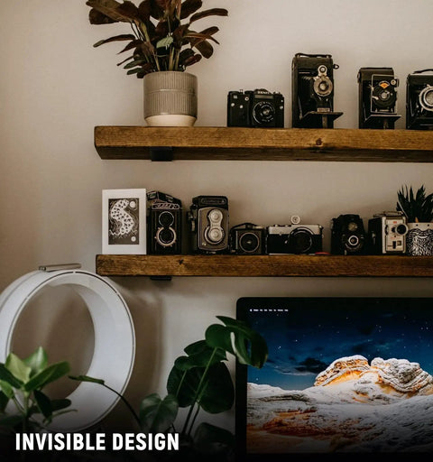 Heavy Duty 6 Inch Floating Shelf Bracket Set, 4 Pack, hidden support in rustic industrial style with decor items displayed.
