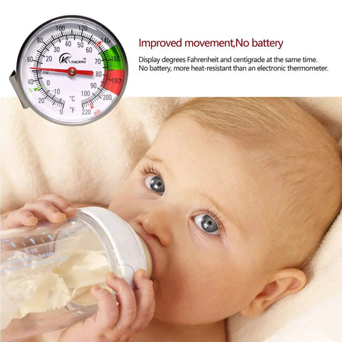 Instant Read 2-Inch Dial Thermometer for Coffee Drinks and Milk Foam pictured above baby with bottle.
