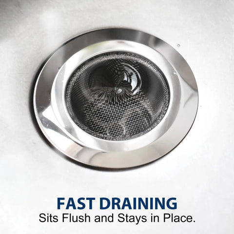 Heavy-Duty Kitchen Sink Strainer Set in stainless steel mesh with wide rim, shown installed in sink, keeps sink clog-free.