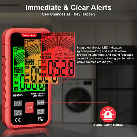 3-In-1 EMF Meter Portable RF EF MF Detector For Home And Office, red handheld meter with tri-color alerts and alarm switch