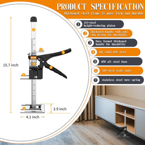 RENYINDA labor-saving arm jack diagram; all-steel, black with orange accents, 15.7-inch lift, 300 lb capacity