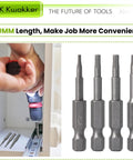 Close-up of 50mm hex bits being used for cabinet assembly, highlighting K Kwokker tools for convenient repairs.