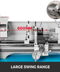Peixu 8.7 By 29.5 Inch Mini Metal Lathe With 1100W Brushless Motor And Variable Speed Up To 3000 Rpm showing large swing range and three jaw chuck.