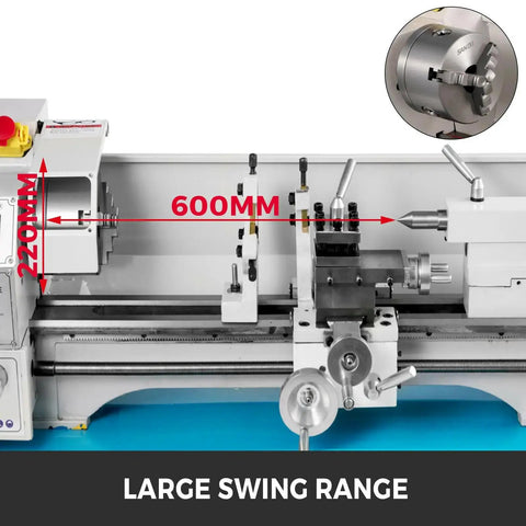 Peixu 8.7 By 29.5 Inch Mini Metal Lathe With 1100W Brushless Motor And Variable Speed Up To 3000 Rpm showing large swing range and three jaw chuck.