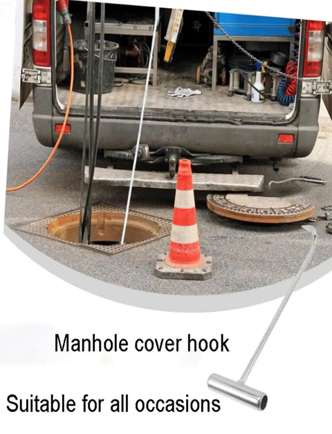 No Sweat Heavy Duty Stainless Steel T Hook Lifter For Manhole Covers Drain Grates Storm Sewers Rolling Shutters Built Tough Utility Access Tool Wrench 34 Inches Long near a manhole with safety cone.