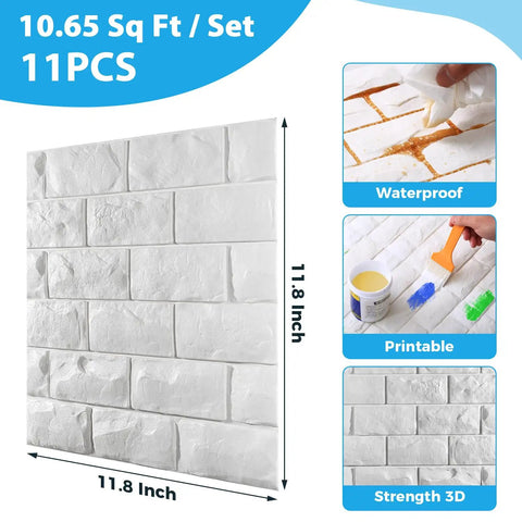 Peel And Stick 3D Brick Wall Panels White Faux Paneling Waterproof Self Adhesive Wallpaper for Bedroom Bathroom Kitchen Fireplace