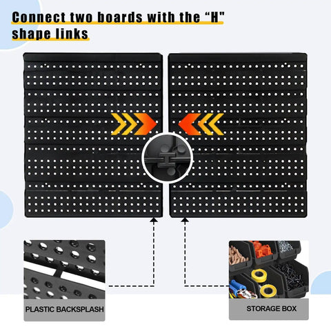 Wall Mounted Bolt And Screw Organizer Bins Set showing connection of two black plastic hanging plates with storage boxes.