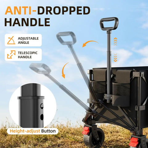 Collapsible Wagon Cart With 220L Capacity Ultra Lightweight 15Lb Foldable Garden Cart with telescopic handle adjustment
