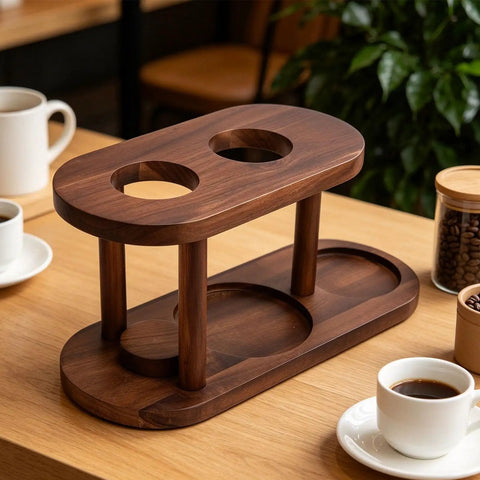 Snag This Fresh Solid Wood Pour Over Coffee Station To Level Up Your Daily Brew Game Featuring An Elevated Brewing Platform And Rock Solid Display Rack For Prime Home Office Vibes, wooden coffee display rack with cup holders.