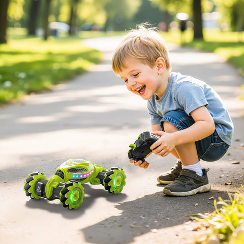 Child enjoying gesture control RC stunt car with remote