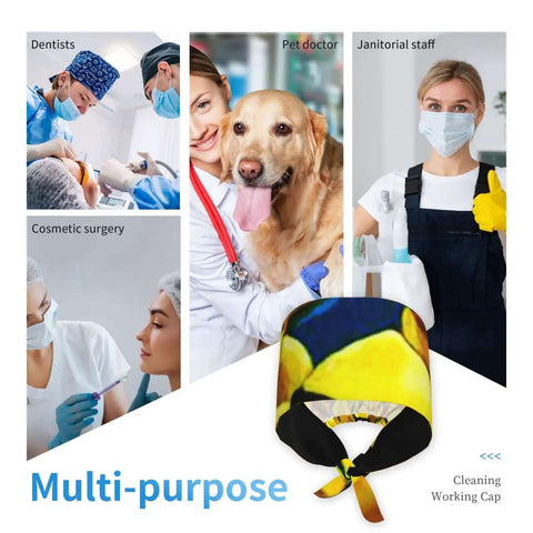 Breathable Work Cap With Upgraded Protection For Hair, Keeps Frizz At Bay, displayed in a colorful design with elastic back fit.