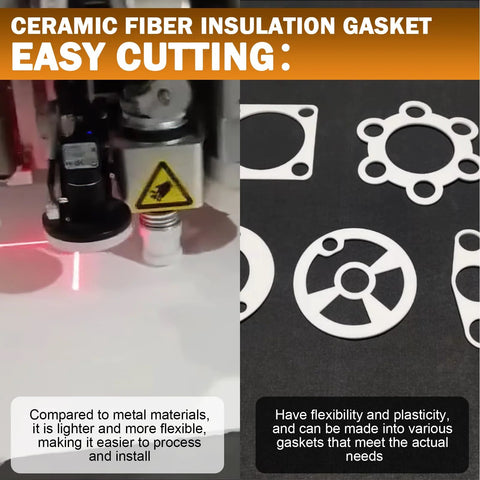 Ceramic fiber gasket material being cut (left) and gasket shapes (right); 7x10 in, 1/8 in thick, 8 pcs.
