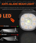 Diagram showing 9 LED Bike Front And Rear Light Kit with anti-glare beam design and low beam heat headlights for night riding.