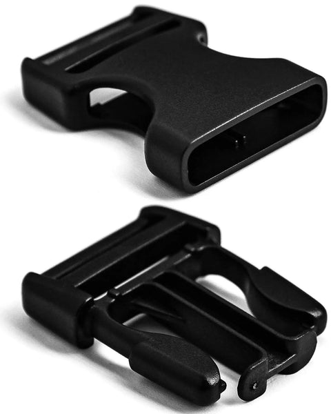 1 Inch Webbing Buckles With Quick Side Release, showing front and back views, fits 1 inch nylon belts, durable plastic snap fasteners