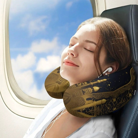 Eid Golden Mosque Travel Pillow with Memory Foam Neck Support used by woman on plane, U-shaped design, zippered cover.