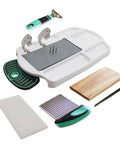 Slice N Fun adaptive cutting board set with pins and tray, crinkle cutter, wooden board, non-slip mat