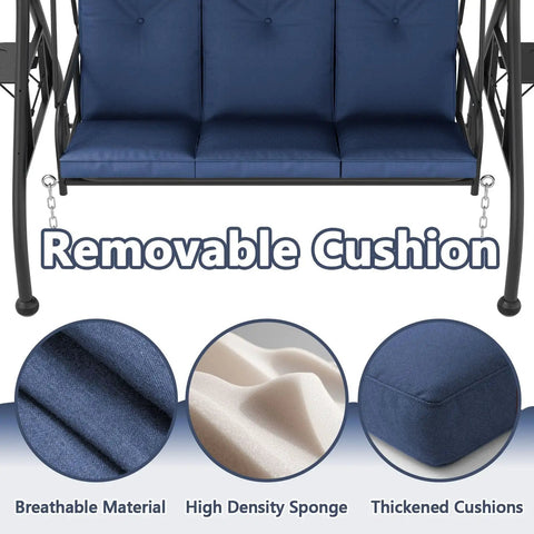 Close-up of blue cushions on Three Seat Outdoor Porch Swing Glider With Adjustable Canopy Convertible Patio Bed Upgraded Folding Cup Holders