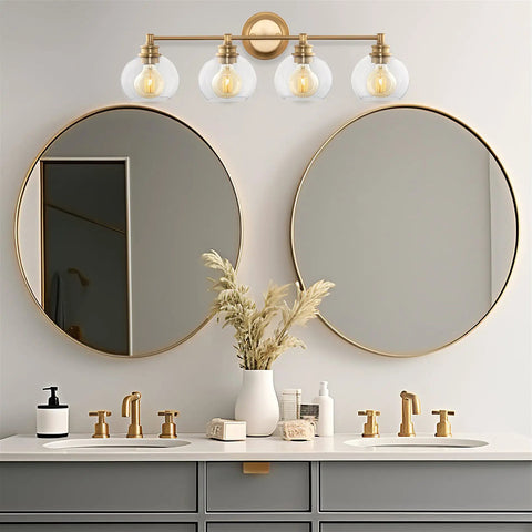 Bathroom with dual mirrors and Clear Globe Glass Shades Set, 6 By 5 Inch, 1 5 Eighth Inch Fitter Opening For Threaded Medium Base Socket, Modern 2 Pack Replacement Lampshades For Ceiling Lights, Easy Install, Versatile Up Or Down.