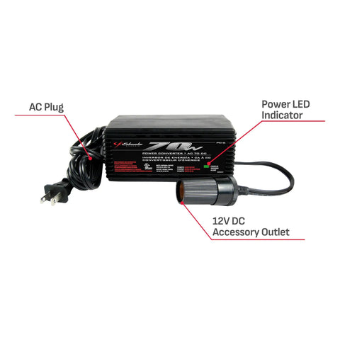 AC To DC Power Converter PC6 70W Continuous 140W Peak 12V DC Accessory Port with labeled features and plugs
