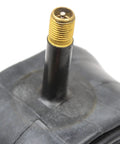 Close-up of gold Schrader valve on black rubber in Bulk Two Pack 26 By 1.90 To 2.125 Inner Tubes For Mountain Bikes With Schrader Valves Black Fits 26 Inch MTB Tire Size Range No Retail Packaging Great For Daily Trail Rides And Upgrading Your MTB Tubes