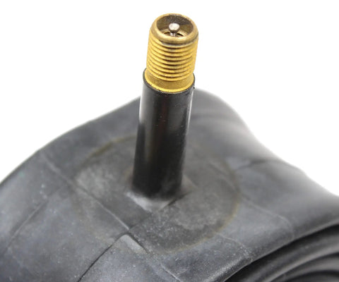 Close-up of gold Schrader valve on black rubber in Bulk Two Pack 26 By 1.90 To 2.125 Inner Tubes For Mountain Bikes With Schrader Valves Black Fits 26 Inch MTB Tire Size Range No Retail Packaging Great For Daily Trail Rides And Upgrading Your MTB Tubes