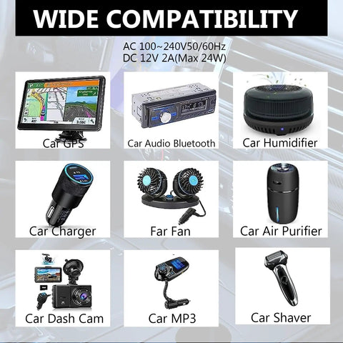 Wide compatibility graphic for Tailgate Ready AC To DC Converter With Standard Cigarette Lighter Socket Portable 12 Volt Power Adapter.