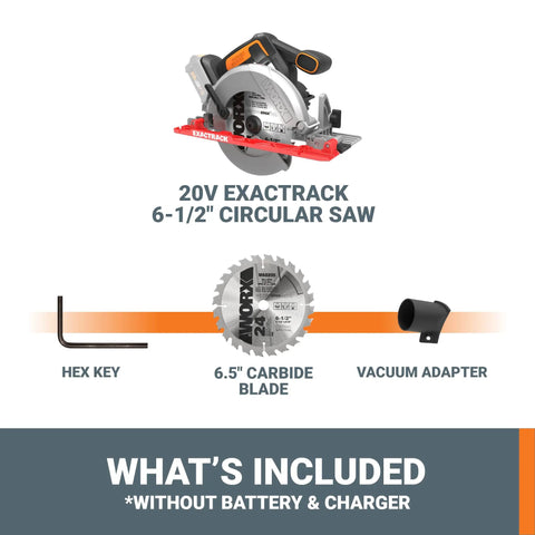 Heavy Hitter Cordless Circular Saw Loaded With 20 Volt Battery And 6 1/2 Inch Flush Mount Blade For Smooth Precision Cuts That Give Every Weekend Warrior A Knockout Finish Weekly, showing 20V Exactrack design and included accessories.