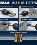77-Piece Rivet Nut Installation Kit With Drill Adapters And Press-In Nuts, Seven Installers And 70 Nuts M3-M12, Pro Grade For Sheet Metal And Auto Repair, Manual Or Powered Nut Setter For Quick, Easy Riveting. 4-step setup on sheet metal