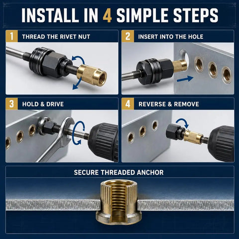 77-Piece Rivet Nut Installation Kit With Drill Adapters And Press-In Nuts, Seven Installers And 70 Nuts M3-M12, Pro Grade For Sheet Metal And Auto Repair, Manual Or Powered Nut Setter For Quick, Easy Riveting. 4-step setup on sheet metal