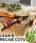 Effortless Garden Pruning Shears With Ultra Sharp Blades cutting plant stems, orange ergonomic handles visible.