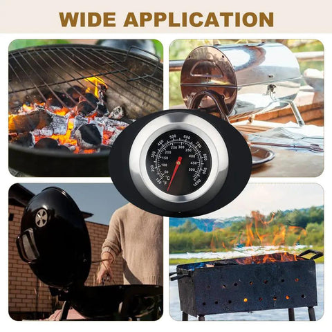 Collage showing Three Inch Face 1000F BBQ Thermometer Temperature Gauge with charcoal grills and smokers in use