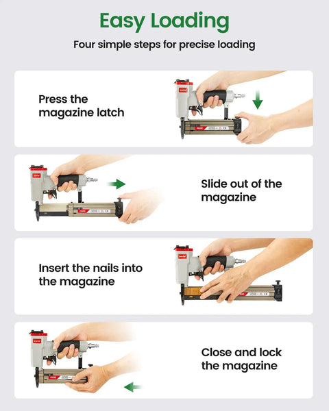 Heavy Duty 23 Gauge Pneumatic Pin Nailer Kit With 10000 Count Pins easy loading steps demonstration, showing magazine removal and insertion process.
