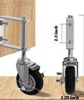 Heavy Duty 4 Inch Gate Caster With Brake For Wooden Gates, 250 Lb Capacity, Spring Loaded Solid Rubber Wheel shown on wood