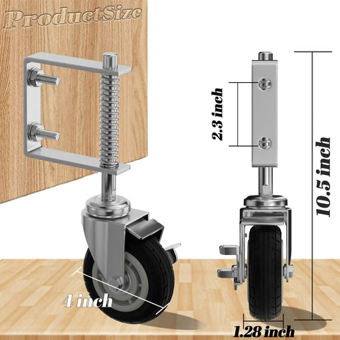 Heavy Duty 4 Inch Gate Caster With Brake For Wooden Gates, 250 Lb Capacity, Spring Loaded Solid Rubber Wheel shown on wood