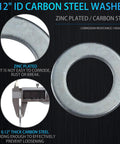 Close-up of zinc-plated carbon steel washer with measurements for Two Pack Trailer Nut Kit For One Inch Spindle Shaft With Can Am Castle Nuts.