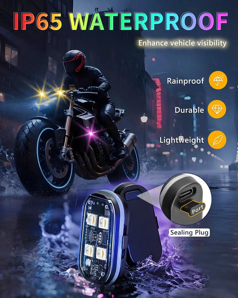Upgraded 4 Pack Wireless LED Strobe Lights For Car Interior on motorcycle in rain, highlighting waterproof feature