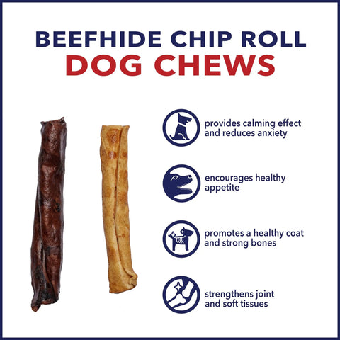 All American Beefhide Chip Rolls For Dogs Chew Treats 5 Inch Thick Rawhide Long Lasting Flavor Beef And Chicken benefits chart.